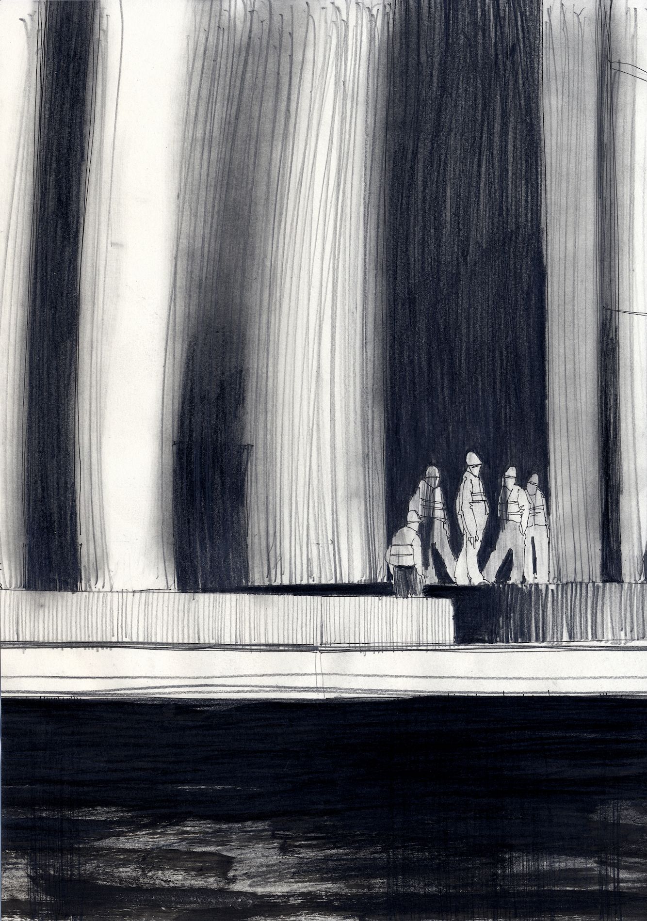 men at foot of tower